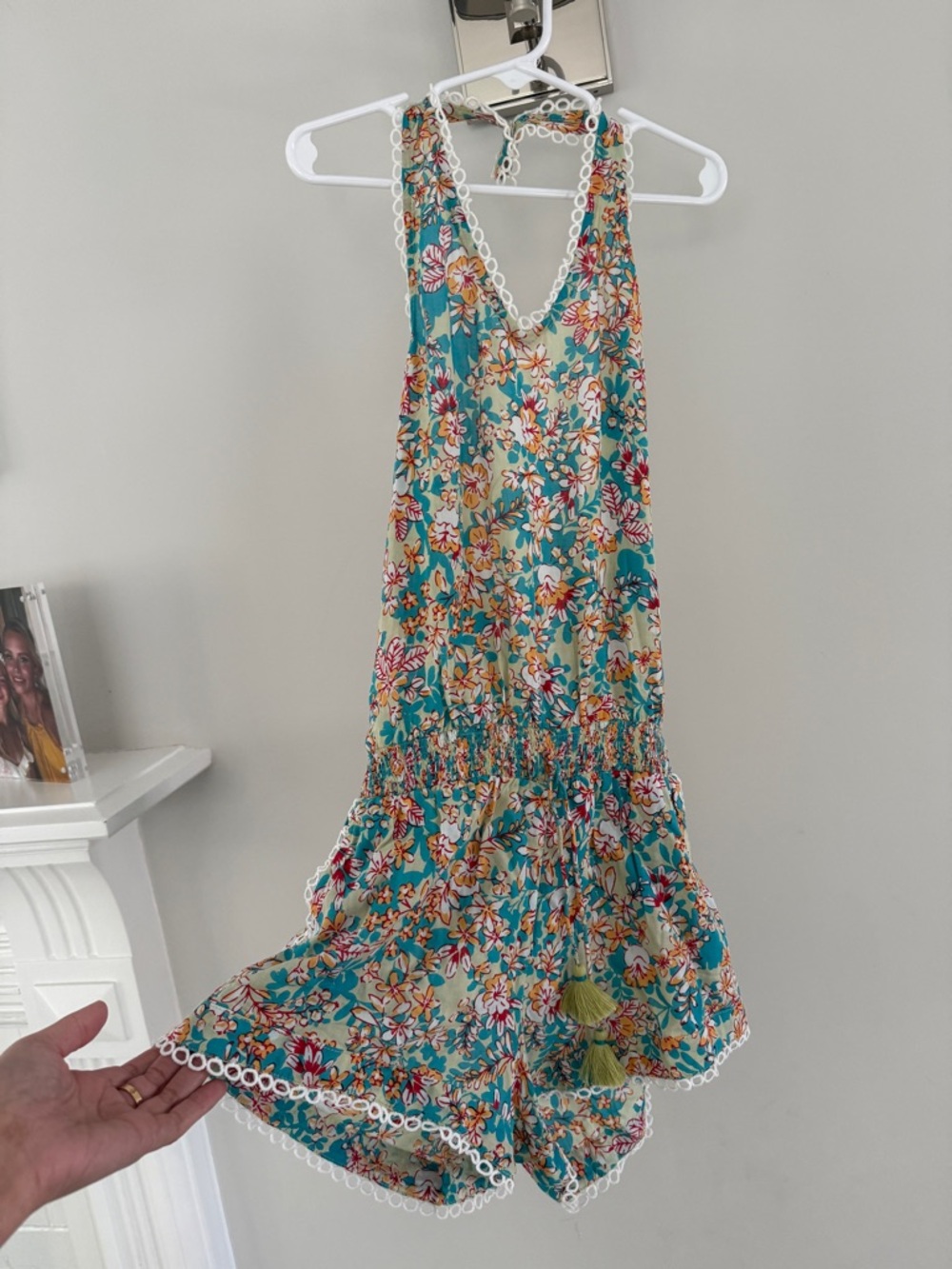 Poupette St. Barth Teal Floral Halter Romper Dress with Tassels